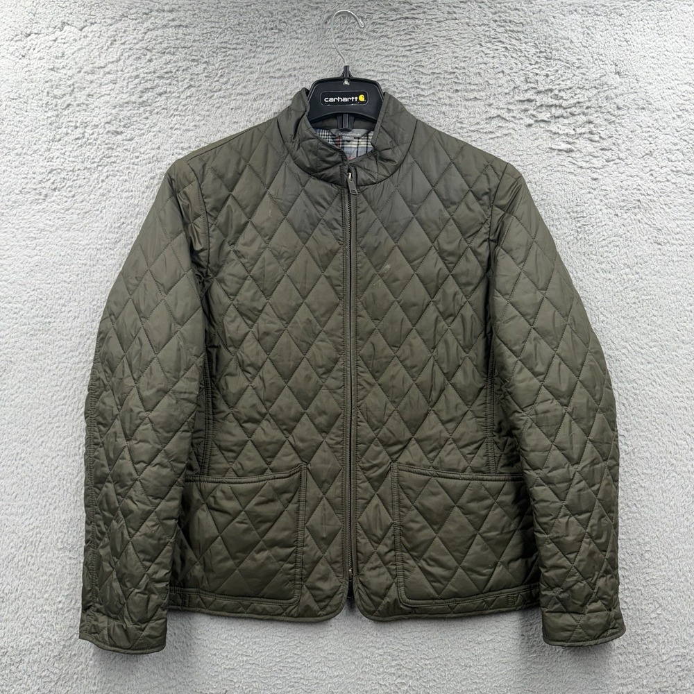 LL Bean Womens M Medium Quilted Riding Jacket Plaid Lined Green Polyester